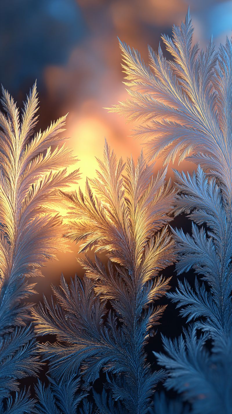 Ice frost pattern texture nature cold winter snowflake glacier iceberg snow crystals sculptures formations The image showcases a close-up view of intricate, icy patterns resembling leaves or feathers. These patterns are formed by frost on a window or glass surface, creating a delicate, crystalline structure. The icy formations are predominantly blue and white, with some areas showing a golden hue, likely due to the light from a sunset or sunrise in the background. The background is a soft blend of orange and blue, suggesting the time of day is either dawn or dusk. The icy patterns are detailed and complex, with each flake or feather having a unique shape and texture, reflecting the light in a way that adds depth and dimension to the image.