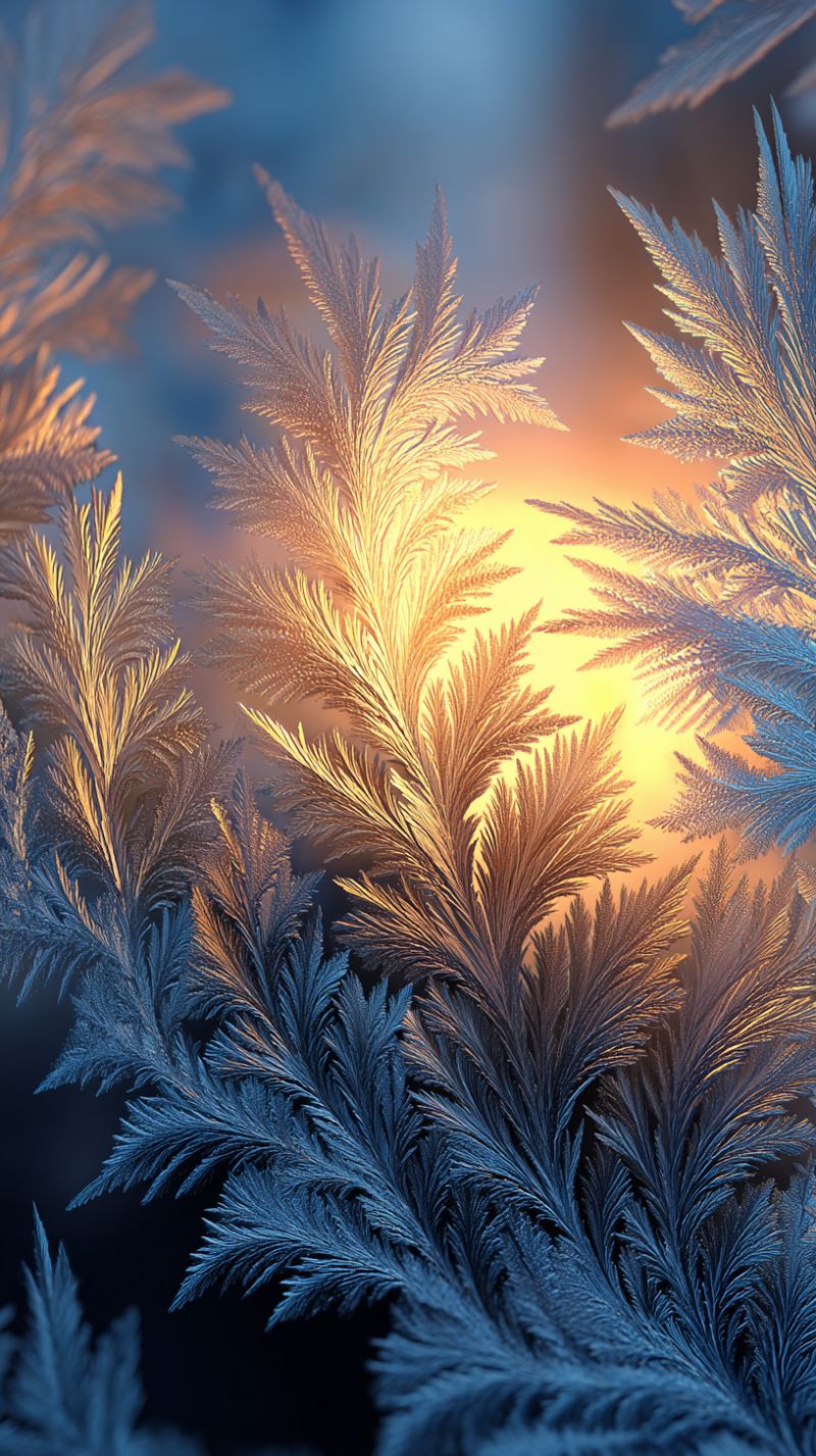 Frost ice pattern texture cold winter nature snowflake glacier snow crystals formation sculpture design The image showcases a close-up view of intricate, icy patterns resembling leaves or branches. These icy formations are predominantly blue and white, with some areas showing a golden hue, likely due to the light reflecting off the ice. The background is a soft gradient of blue and yellow, suggesting the presence of sunlight, possibly from a sunrise or sunset. The icy patterns are delicate and detailed, with a mix of sharp and smooth edges, creating a visually captivating and almost ethereal scene.