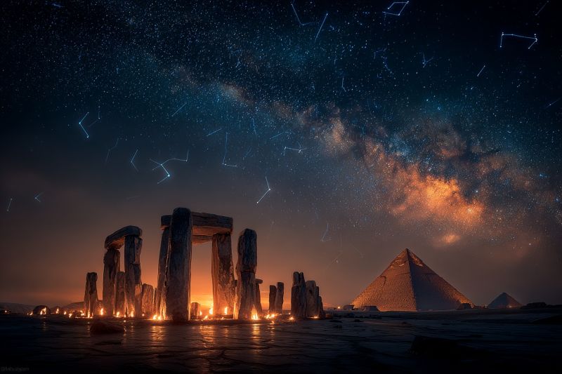 Stars pyramid ancient stonehenge fire architecture desert astronomy history monument night sky civilization ighttime scene featuring two iconic structures under a star-filled sky. In the foreground, there is a large stone circle, reminiscent of Stonehenge, with several standing stones arranged in a circular pattern. The stones are illuminated by small fires or torches placed around them, casting a warm glow on the surrounding area. In the background, there is a pyramid, possibly inspired by the Egyptian pyramids, with its triangular shape clearly visible against the night sky. The sky is a deep blue, dotted with numerous stars and constellations, creating a magical and mystical atmosphere. The overall scene combines elements of ancient architecture with the vastness of the night sky, evoking a sense of wonder and historical significance.
