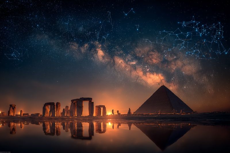 Stars constellations pyramid stonehenge reflection architecture ancient astronomy cosmos dark water horizon sunset mystical night sky monuments cultur surreal landscape at dusk or dawn. In the foreground, there is a calm body of water reflecting the sky and two iconic structures. To the left, there is Stonehenge, a prehistoric monument consisting of a circle of large standing stones. To the right, there is a pyramid, likely the Great Pyramid of Giza. The sky is a deep blue, filled with stars and constellations, and the Milky Way is prominently visible, stretching across the sky. The sun is setting or rising, casting a warm glow over the landscape, illuminating the stones and the pyramid. The scene is peaceful and timeless, blending ancient human-made structures with the vastness of the universe.