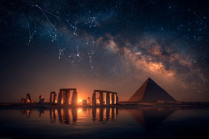 Etoiles constellations pyramide stonehenge reflexion eau architecture antique histoire astronomie cosmos univers obscurite horizon coucher soleil nuit Une scène nocturne met en vedette Stonehenge et la Grande Pyramide de Gizeh, tous deux illuminés par le soleil couchant. Le ciel est rempli d'étoiles et de constellations, et la galaxie de la Voie Lactée est visible. L'eau reflète les structures et le ciel, créant une atmosphère sereine et mystique.