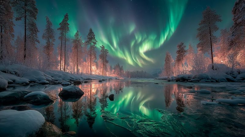 Night sky trees snow water reflection aurora forest winter rocks ice nature dark green cold frost serene winter landscape at night. The sky is dark, and the Northern Lights, also known as the Aurora Borealis, are visible. The lights are in shades of green and pink, dancing across the sky. The landscape is covered in snow, with tall, leafless trees standing tall. The trees are reflected in the calm water of a river or lake, which also mirrors the vibrant colors of the aurora. The water is clear, and the reflections of the trees and lights are sharp. The ground is blanketed in snow, and there are rocks and ice along the water's edge. The overall scene is peaceful and magical, with the natural beauty of the Northern Lights illuminating the winter wonderland.