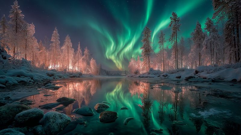 Night sky trees lake rocks snow reflection forest aurora winter nature green dark cold frost rock water serene winter landscape at night. In the foreground, there is a calm body of water, possibly a lake or river, reflecting the vibrant green and pink hues of the Northern Lights, also known as the Aurora Borealis, which are dancing across the sky. The water is dotted with rocks and stones, some of which are partially submerged. The trees lining the shore are evergreens, their branches dusted with snow, and they stand tall and bare, creating a stark contrast against the colorful sky. The sky itself is a deep, dark blue, providing a perfect back for the ethereal lights. The overall scene is peaceful and magical, with the natural beauty of the Northern Lights illuminating the winter wonderland.
