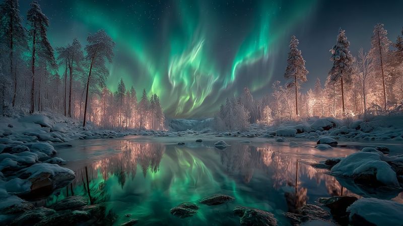 Snow trees reflection river rocks winter nature forest snowy cold dark glowing green night sky aurora borealis northern serene winter landscape under a night sky filled with the Northern Lights, or Aurora Borealis. The sky is a deep blue, dotted with stars, and the Aurora Borealis is visible as a vibrant green and pink light, creating a mesmerizing display. The foreground features a calm river with rocks and snow-covered banks. The trees, mostly evergreens, are blanketed in snow, and their reflections shimmer on the water's surface. The overall scene is peaceful and magical, with the lights of the Aurora Borealis dancing across the sky.