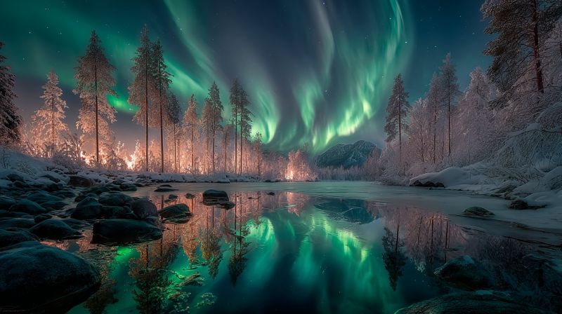 Night sky trees forest rocks water reflection snow mountains aurora nature winter cold dark glow illumination beauty a serene winter landscape is depicted with a river running through it. The river is calm and reflects the vibrant green and white lights of the Northern Lights, also known as the Aurora Borealis, which are dancing across the sky. The trees lining the riverbanks are bare and covered in snow, adding to the wintery atmosphere. The sky is dark, with the only light coming from the Aurora Borealis, creating a magical and otherworldly scene. In the distance, there are mountains partially covered in snow, and the overall scene is peaceful and tranquil.