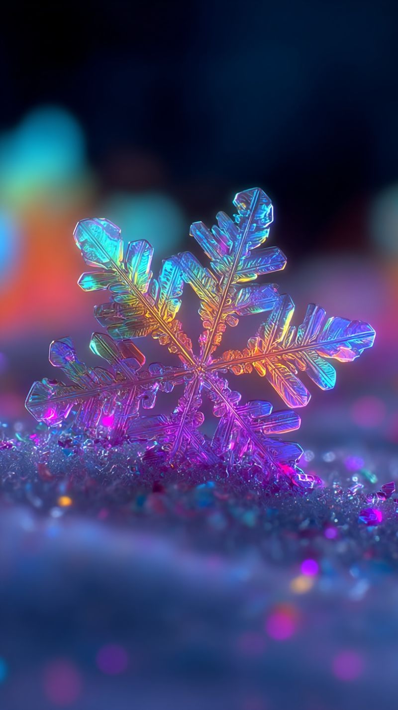 Flocon neige cristal glace froid hiver nature reflet texture etincelle magie beaute microscope science experience education decouverte Un gros plan d'un seul flocon de neige avec des motifs cristallins complexes. Le flocon de neige est illuminé par une lumière vibrante et multicolore, projetant une palette de teintes arc-en-ciel sur sa surface. Le fond est un mélange de bleus profonds et de violets, avec des touches de rose et de jaune, créant une atmosphère onirique et éthérée. La structure délicate du flocon de neige est mise en valeur par la lumière, faisant ressortir ses détails complexes.