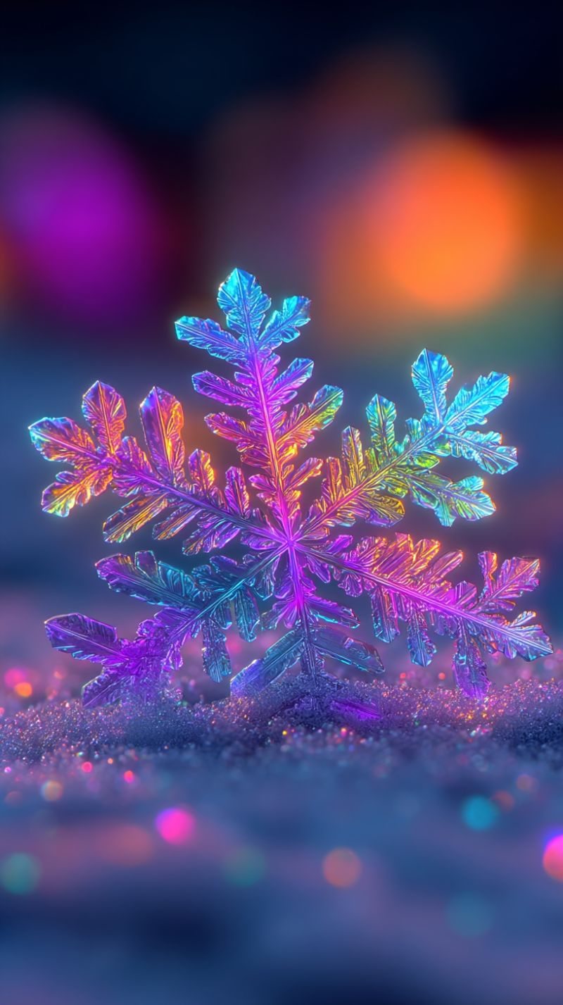 Flocon neige cristal glace froid hiver gel decoration bokeh etincelle texture nature beaute lueur magie Un gros plan d'un seul flocon de neige aux motifs cristallins complexes. Le flocon de neige est illuminé par une douce lumière multicolore, projetant une palette de teintes arc-en-ciel sur sa surface. L'arrière-plan est un mélange de bleus profonds et de violets, avec des touches d'orange et de rose, créant une atmosphère hivernale et rêveuse. La structure délicate du flocon de neige est mise en valeur par la lumière, le rendant presque magique.