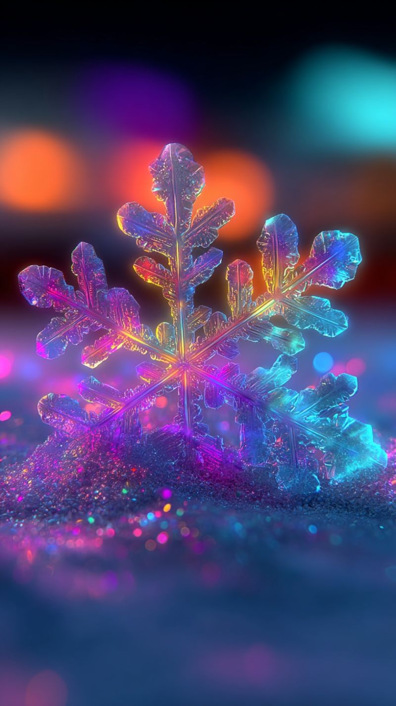 Snowflake crystal ice cold winter sparkle bokeh texture pattern nature design decoration holiday festive magic fantasy A close-up of a single snowflake with intricate, crystalline patterns. The snowflake is illuminated by a soft, multicolored light, casting a rainbow of colors across its surface. The background is a blend of dark purple and blue hues, with scattered, sparkling lights that add a magical, festive atmosphere. The snowflake sits on a bed of sparkling, glittery particles, enhancing its delicate beauty.