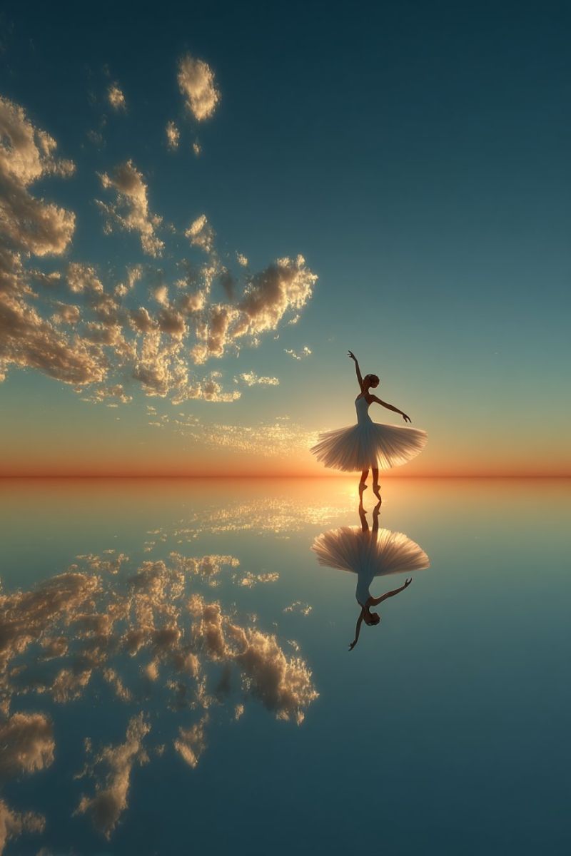 Ballet dancer performance stage grace beauty expression emotion movement creativity inspiration imagination freedom passion dedication talent culture A ballerina is gracefully performing a ballet pose in mid-air, with her arms extended and her legs slightly bent. She is wearing a white tutu and a matching top. The scene is set against a back of a serene blue sky with scattered clouds, and the sun is setting in the distance, casting a warm glow on the water below. The water reflects the sky and clouds, creating a mirror-like effect. The ballerina's shadow is cast on the water, adding to the ethereal quality of the image.
