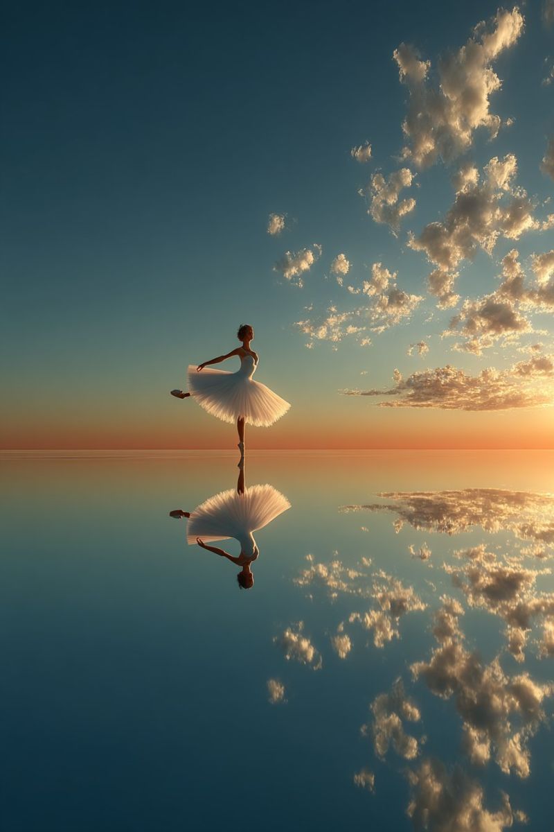 Ballet danseur performance Une ballerine est gracieusement en équilibre en plein air, son corps formant une parfaite arche. Elle porte un tutu blanc et des chaussures de ballet, et ses cheveux sont attachés en arrière. La scène se déroule sur fond de ciel bleu serein avec des nuages éparpillés, et l'horizon est peint avec les teintes chaudes du coucher de soleil. Le reflet de la ballerine se reflète sur la surface calme et réfléchissante en dessous, créant une image surréaliste et enchanteresse. L'atmosphère générale est celle d'une beauté éthérée et d'une tranquillité.