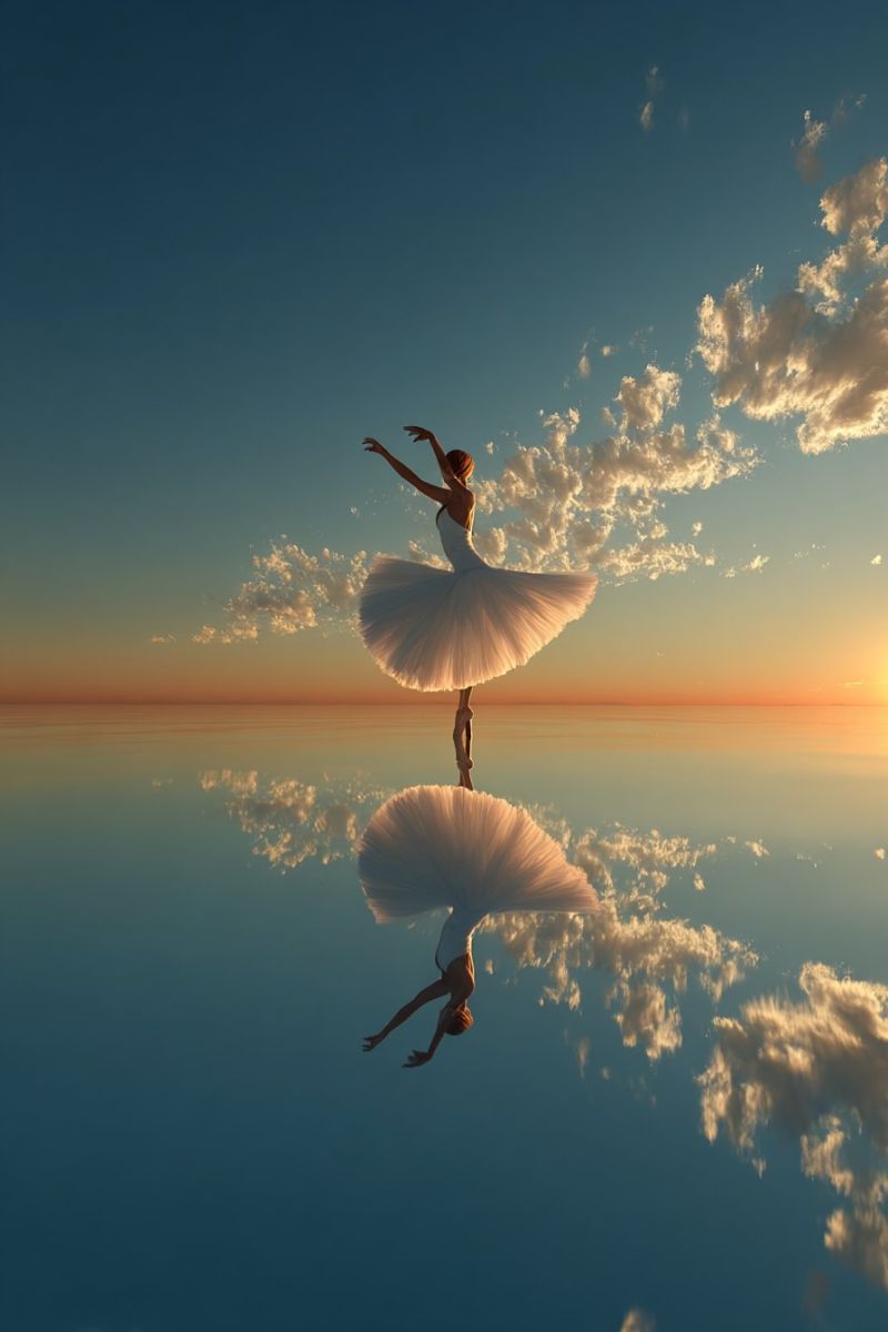 Ballet danseur performance Une ballerine exécute avec grâce une pose de ballet en plein air, son corps légèrement plié et ses bras étendus vers l'extérieur. Elle est vêtue d'un tutu blanc et d'un corsage assorti, avec ses cheveux attachés en chignon. La scène se déroule sur fond d'un ciel bleu serein avec des nuages éparpillés, et l'horizon est peint avec les teintes chaudes d'un soleil couchant. Le reflet de la ballerine se reflète sur l'eau calme et bleue en dessous, créant un effet visuel surréaliste et enchanteur.