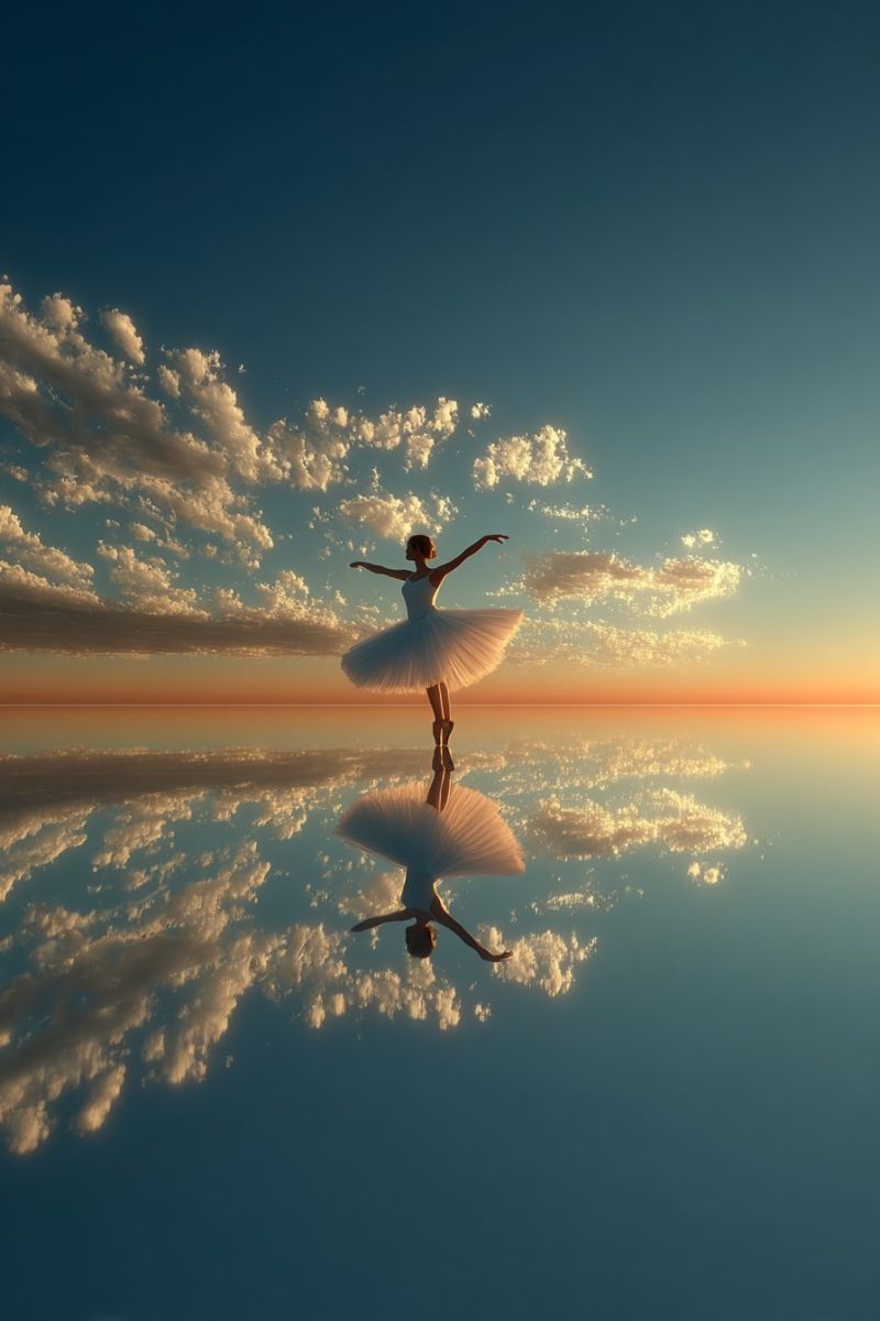 Ballet dancer performance stage shoes costume practice rehearsal studio class recital competition A ballerina is gracefully performing a ballet pose in mid-air, with her arms extended outward. She is wearing a white tutu and a sleeveless top. The scene is set against a back of a serene blue sky with scattered clouds, and the horizon is painted with a warm orange hue, suggesting either sunrise or sunset. The ballerina's reflection is mirrored on the calm water below, creating a surreal and ethereal effect. The water surface is so still that it reflects the sky and clouds perfectly, adding to the dreamlike quality of the image.