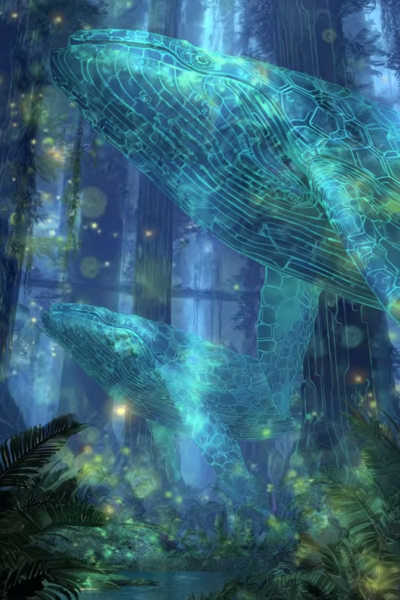 Whale forest water glow nature fantasy creature underwater bioluminescent aquatic ocean sea marine biodiversity ecosystem environment conservation Two large, glowing blue whale-like creatures float gracefully in a dense, mystical forest. Their bodies are intricately patterned with hexagonal shapes, giving them a futuristic, almost digital appearance. The forest is filled with tall, ancient trees and lush, green foliage, with soft, glowing lights scattered throughout, creating a magical atmosphere. The background is a deep, ethereal blue, enhancing the surreal and otherworldly feel of the scene.