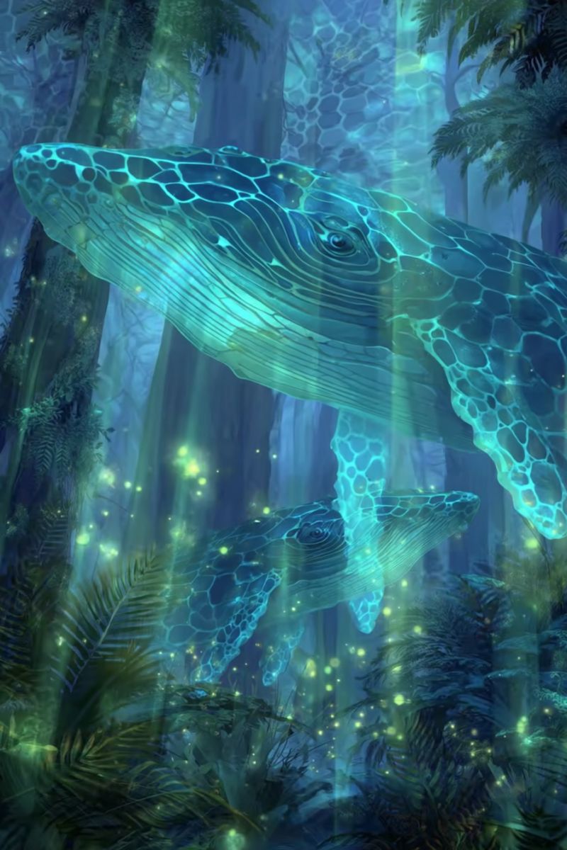 Baleine ocean mer sous marin fantaisie creature lueur bioluminescence nature aquatique eau poisson corail vie profondeur Dans une forêt mystique sous-marine, deux baleines glissent gracieusement dans l'eau. La baleine la plus grande, avec son corps massif et texturé, nage au-dessus d'une plus petite. Leurs corps sont illuminés d'une douce lumière, projetant une douce radiance sur la végétation environnante. La forêt est dense avec de grands arbres anciens et des plantes vibrantes et lumineuses. L'eau est d'un bleu profond et tranquille, avec des rayons de lumière filtrant à travers, créant une atmosphère sereine et magique.