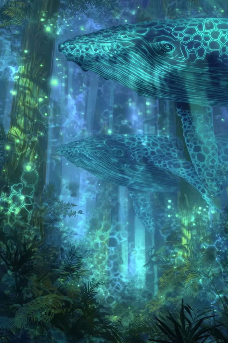 Whale ocean sea underwater glow bioluminescence fantasy nature forest trees plants green blue dark mystical magical dreamlike Two large, glowing whales swim gracefully in a deep, mystical forest. Their bodies are covered in intricate, glowing patterns that resemble a honeycomb structure. The forest is filled with tall, ancient trees, their trunks adorned with glowing, bioluminescent spots. The air is thick with a soft, ethereal light, casting a greenish hue over the entire scene. The background is a blend of deep blues and greens, creating a sense of depth and mystery.