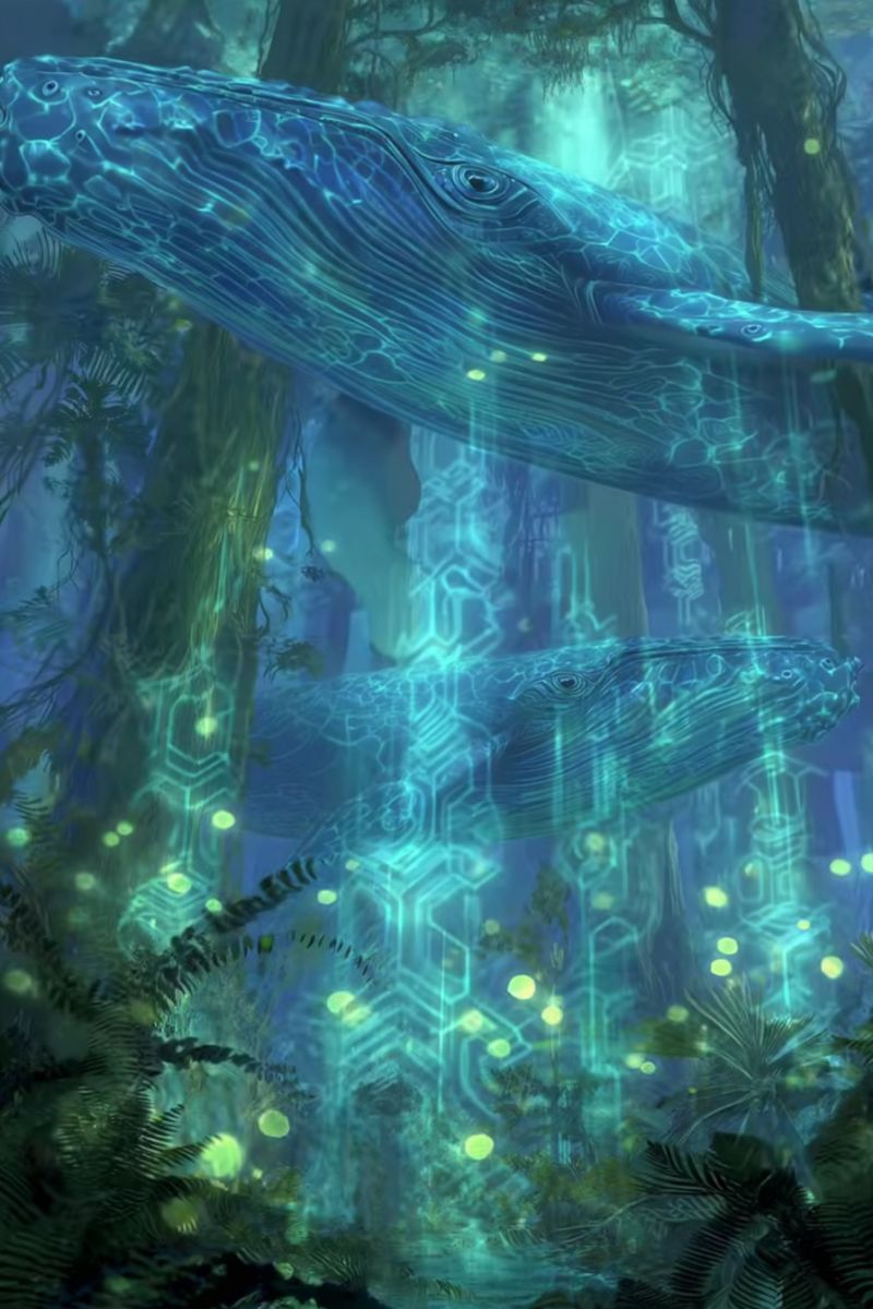 Whale underwater ocean sea glow bioluminescence fantasy creature aquatic marine nature water fish coral reef deep life Two large, glowing blue whales swim gracefully in a deep, dark underwater forest. The whales have a translucent, almost glass-like appearance, with intricate patterns on their bodies. The water around them is illuminated by a soft, greenish light, possibly from bioluminescent plants or creatures. The forest is dense with tall, dark trees and various plants, creating a mysterious and enchanting atmosphere. The scene is both serene and otherworldly, with the whales moving slowly and gracefully through the water.
