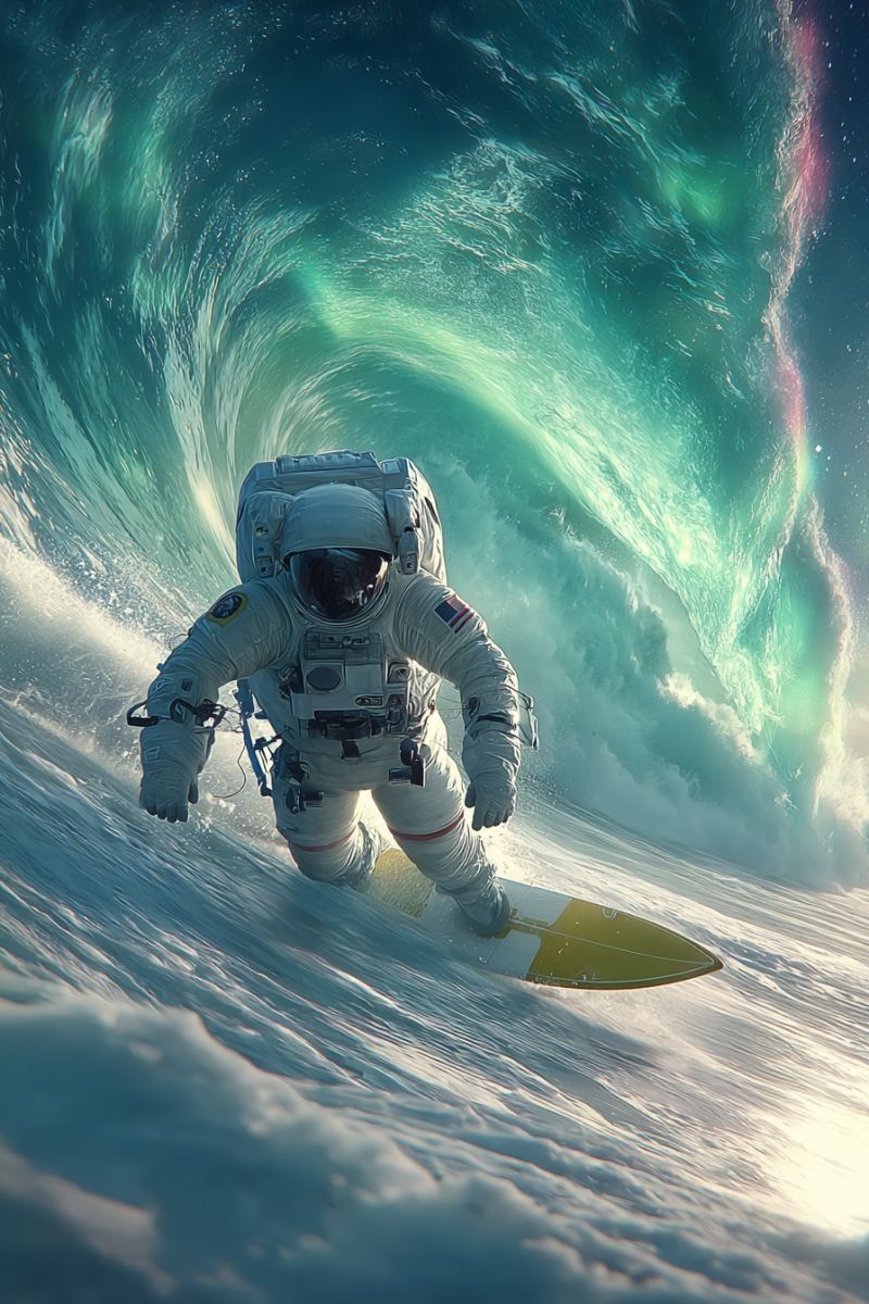 Astronaute surf vague casque combinaison spatiale vaisseau spatial ocean eau aventure exploration technologie science fiction imagination concept Un astronaute surfe sur une vague dans l'océan. L'astronaute porte une combinaison spatiale blanche avec un casque et des gants. L'astronaute tient une planche de surf à deux mains. La planche est jaune et blanche. La vague est grande et a une teinte verdâtre. L'eau éclabousse autour de l'astronaute. Le ciel est clair et bleu.