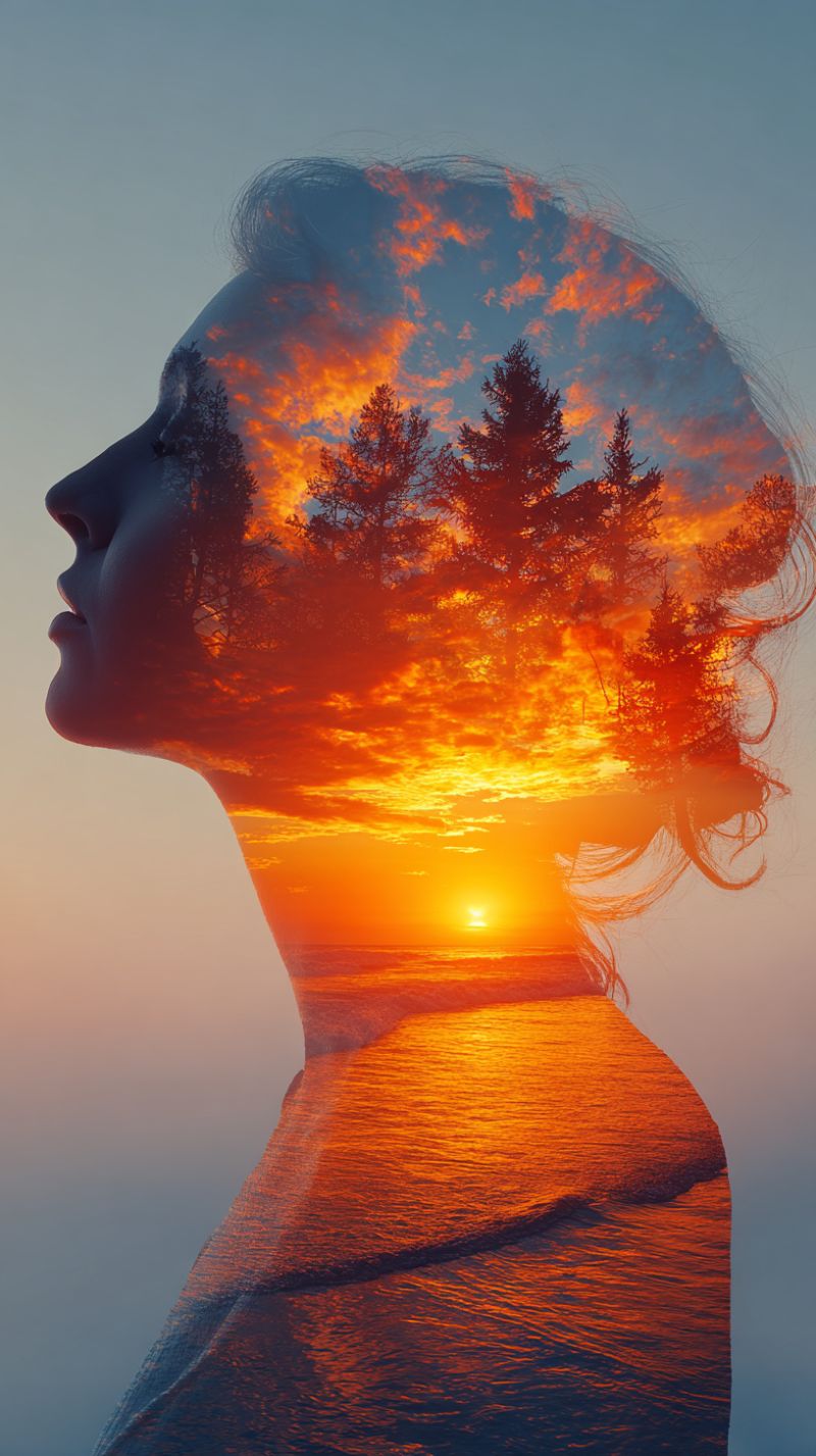 Sunset nature ocean beach trees sky reflection water beauty calm serene meditation inspiration double exposure silhouette of a woman's head and shoulders, with her profile facing left. Her hair flows freely, blending into the background. The background is a stunning sunset over a serene sea, with the sun setting on the horizon, casting warm orange and pink hues across the sky. The silhouette of trees is superimposed over the sunset, adding depth and texture to the image. The sea is calm, reflecting the vibrant colors of the sky, and the overall scene evokes a sense of tranquility and natural beauty.