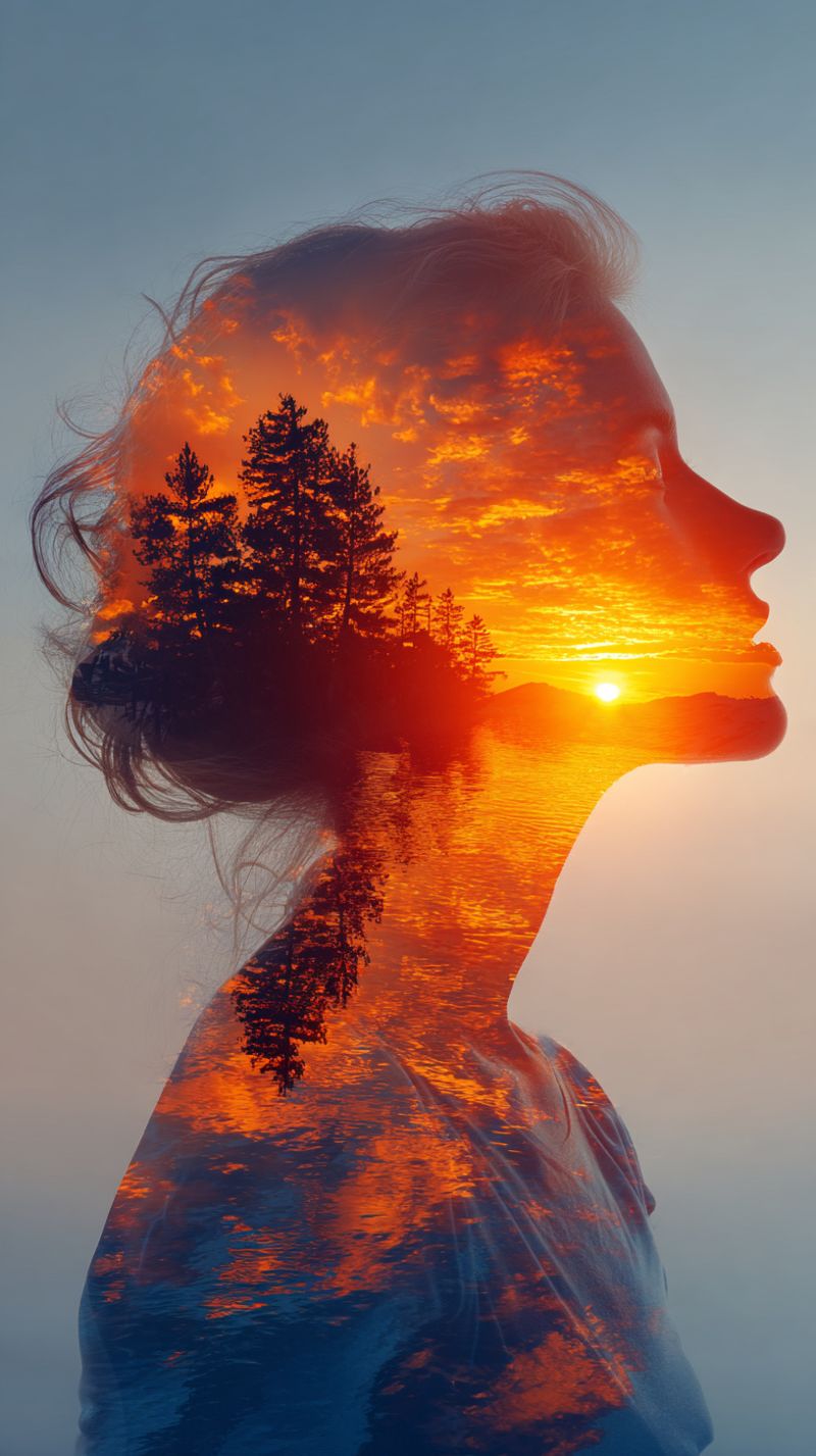 Sunset reflection water lake sky trees mountains nature beauty creativity inspiration mood emotion freedom double exposure silhouette of a woman standing in front of a serene landscape. Her hair flows freely, and her face is partially obscured by the warm, orange hues of a setting sun. The sun is partially visible behind her, casting a golden glow across the scene. The background includes a silhouette of trees and a body of water, possibly a lake or river, reflecting the vibrant colors of the sunset. The sky above is a mix of blue and orange, with the sun's rays creating a dramatic effect. The overall mood is peaceful and reflective, capturing a moment of tranquility.