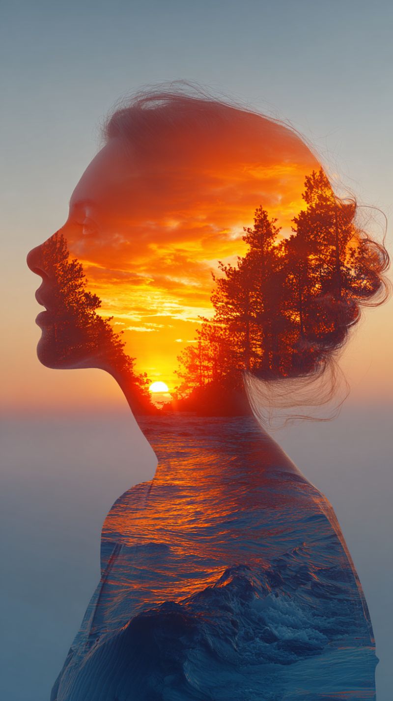 Coucher soleil femme nature mer ocean ciel nuages arbres foret reflet eau beaute maussade double exposition Une silhouette de tête de femme est placée sur un fond de coucher de soleil. Le visage de la femme est partiellement obscurci par les teintes chaudes et orangées du soleil couchant, qui illumine également les arbres et le ciel derrière elle. La silhouette de ses cheveux se fond harmonieusement avec les branches des arbres, créant un effet surréaliste et artistique. Le fond présente un corps d'eau serein, peut-être un lac ou une mer, reflétant les couleurs vives du coucher de soleil. L'image globale transmet un sentiment de tranquillité et la beauté de la nature au crépuscule.