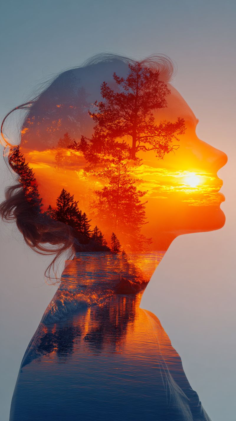 Sunset reflection water nature forest trees sky clouds mountains horizon shadow beauty calm tranquility serene peaceful silhouette of a woman standing in front of a serene landscape. Her hair flows freely, and her face is partially obscured by the warm, glowing colors of a sunset. The sunset is set against a back of trees and a body of water, possibly a lake or river. The sky is a mix of orange, pink, and blue hues, creating a beautiful and tranquil scene. The water reflects the colors of the sunset, adding to the overall peaceful atmosphere. The silhouette of the woman blends seamlessly with the natural elements, creating a harmonious and visually striking composition.