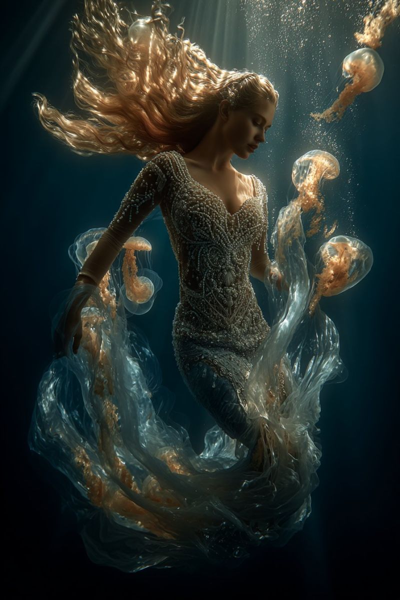 Sous eau femme robe meduse ocean natation fantaisie bulles mer beaute elegance grace exploration aventure reveur Une femme aux longs cheveux blonds ondulés nage sous l'eau, ses cheveux et ses vêtements flottant autour d'elle. Elle porte une robe scintillante ornée de perles, qui semble être faite d'un tissu délicat et translucide. Ses yeux sont fermés et elle semble regarder vers le bas. L'eau autour d'elle est bleu foncé, et plusieurs méduses flottent à proximité, leurs corps translucides et leurs longues tentacules visibles. L'image capture un moment de mouvement sous-marin serein, avec la femme et les méduses créant une scène harmonieuse.