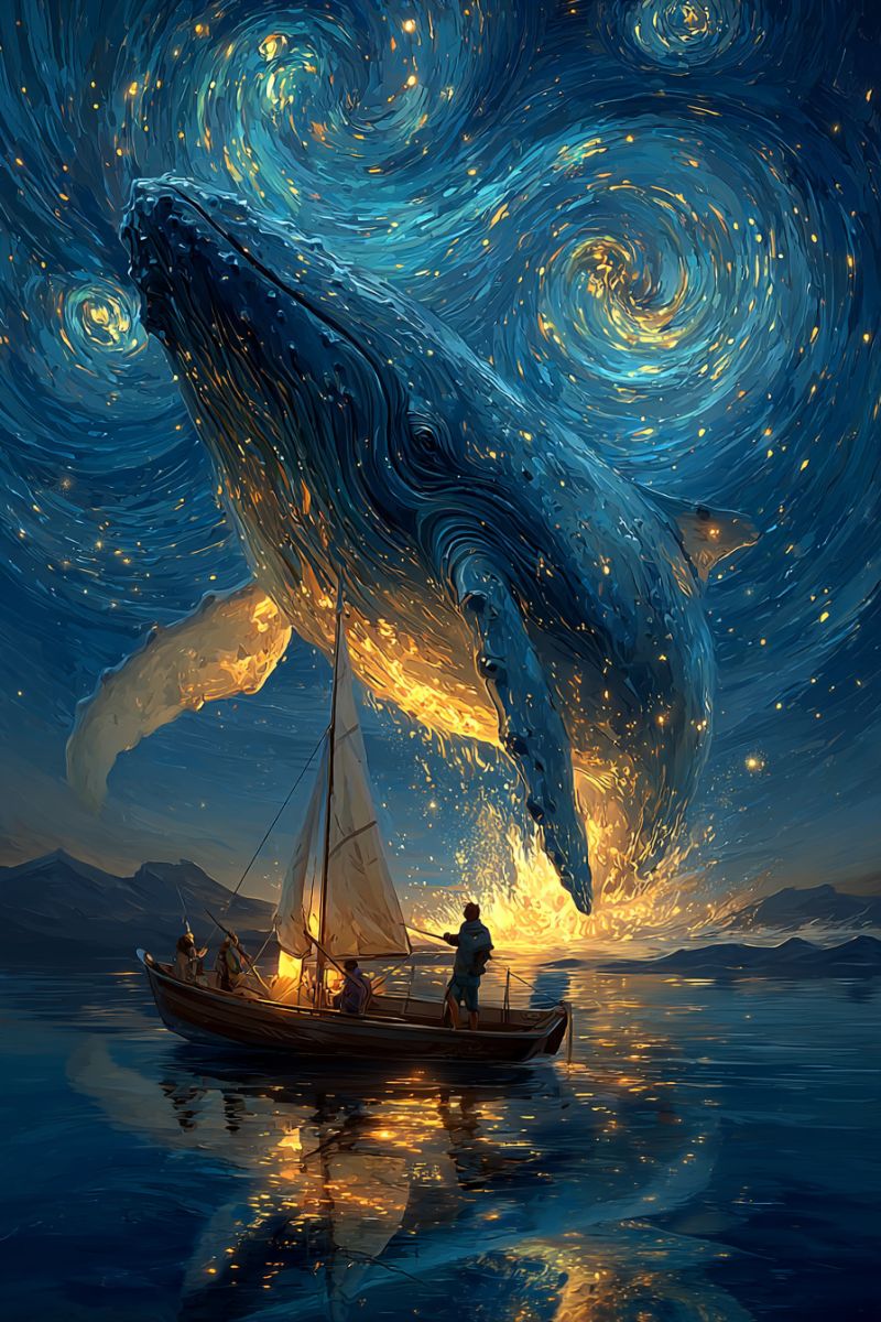 Whale boat sail night sky stars water reflection mountain fire people adventure fantasy painting ocean A large whale is leaping out of the water, its body illuminated by a golden glow. The whale's silhouette is set against a back of a starry night sky, with swirling patterns of stars and light. In the foreground, a small boat with a white sail is sailing on the calm sea. A person stands at the front of the boat, holding a rope, while another person sits in the boat. The boat's reflection is visible on the water's surface.