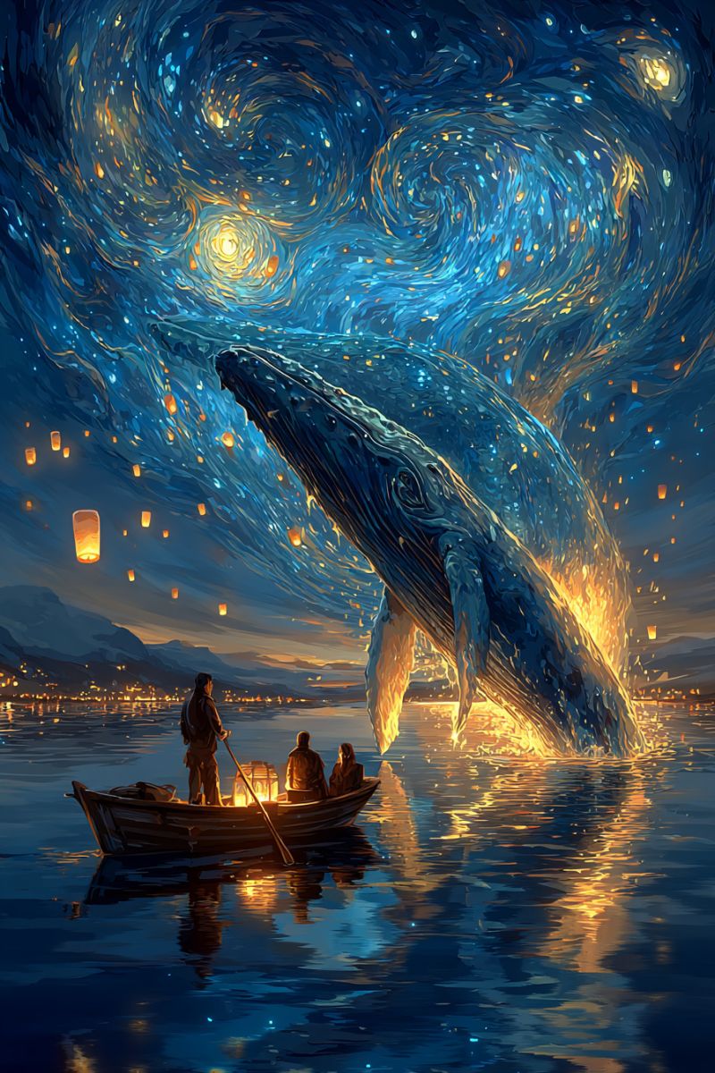 Baleine bateau nuit ciel etoiles lanternes eau reflet gens montagnes feu obscurite ocean illumination fantaisie Une baleine saute hors de l'eau, son corps illuminé par une lueur chaleureuse. Au premier plan, un petit bateau avec trois personnes navigue sur une mer calme. Le bateau est équipé d'une lanterne, projetant une lumière douce. Le ciel est d'un bleu profond, rempli d'étoiles et de lanternes flottantes. L'arrière-plan présente une silhouette de montagnes et une ville lointaine avec des lumières. La scène est sereine et magique, avec le saut de la baleine créant une éclaboussure qui reflète la lumière des lanternes.