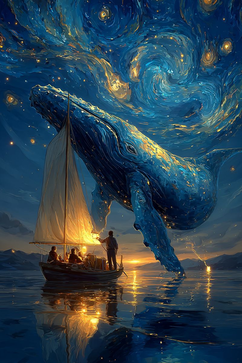 Bateau voile baleine nuit ciel etoiles lampe gens eau reflet montagne coucher soleil mer ocean fantaisie Au premier plan, un petit voilier flotte sur une eau calme. Le bateau a une voile blanche et un mât. Sur le bateau, un homme se tient à la proue, tenant une lanterne. À l'intérieur du bateau, trois personnes sont assises, l'une d'entre elles porte un chapeau. Le reflet du bateau est visible sur la surface de l'eau. En arrière-plan, une grande baleine bleue émerge de l'eau, son corps éclairé par la lumière de la lanterne. Le ciel au-dessus est d'un bleu profond, avec des motifs tourbillonnants d'étoiles et de galaxies. La scène se déroule sur fond de montagnes et de soleil couchant.