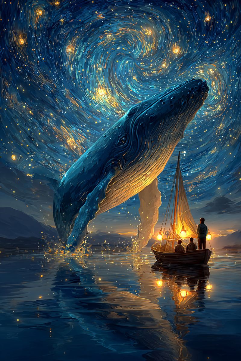 Whale boat night sky stars water sail lamp people mountain reflection ocean fantasy dream adventure majestic serene night scene with a large humpback whale breaching the surface of the water. The whale's body is dark blue, and its underbelly is a lighter shade, with visible textures and bumps. The sky above is a deep blue, filled with swirling patterns of stars and galaxies, creating a mesmerizing night sky. A small boat with a triangular sail is sailing on the water, illuminated by the warm glow of lanterns. Inside the boat, there are three people, one standing at the front and two sitting in the middle. The water is calm, reflecting the lights from the boat and the stars. The overall atmosphere is peaceful and magical, with the whale and the starry sky adding to the wonder of the scene.
