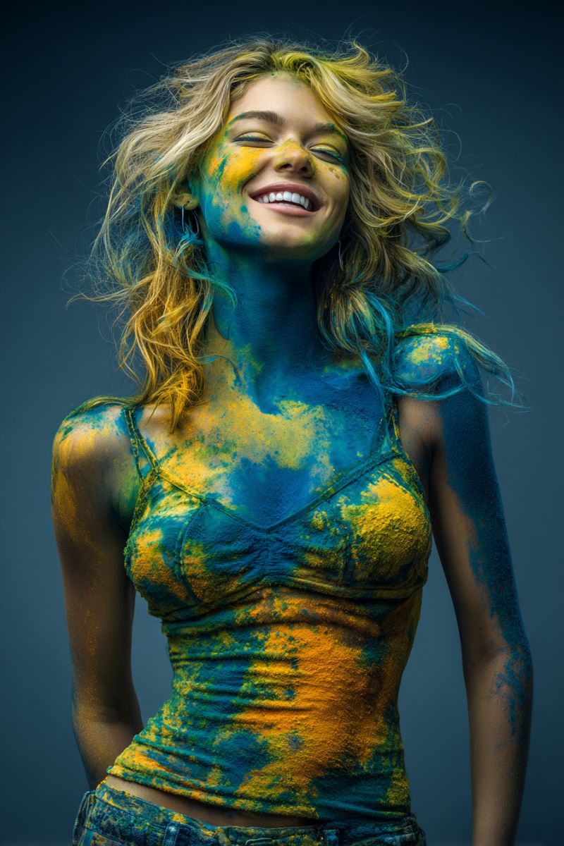 Femme souriante coloree beaute creative expression heureuse Une femme aux cheveux blonds est debout et sourit, couverte de peinture bleue et jaune. Elle porte un débardeur à motif teinture à la corde qui correspond à la peinture sur son corps. Ses cheveux sont ébouriffés et ont des mèches de peinture bleue et jaune. Elle se tient contre un fond gris.