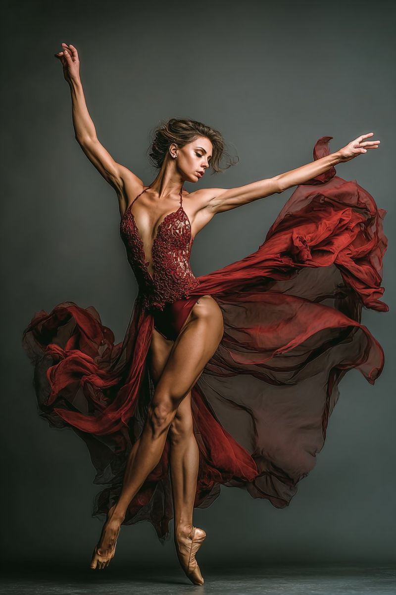 Ballet danseur performance grace elegance expression creativite passion beaute flexibilite force technique choregraphie costume chaussures Une femme est capturée en plein saut, son corps gracieusement cintré et ses bras étendus vers l'extérieur. Elle porte un justaucorps rouge aux motifs complexes avec un décolleté profond et une jupe rouge assortie qui flotte dramatiquement autour d'elle. Ses cheveux sont attachés en arrière, et elle porte des chaussures de ballet. Le fond est d'un gris foncé uniforme, qui contraste avec le rouge vif de sa tenue, mettant en valeur sa pose dynamique.