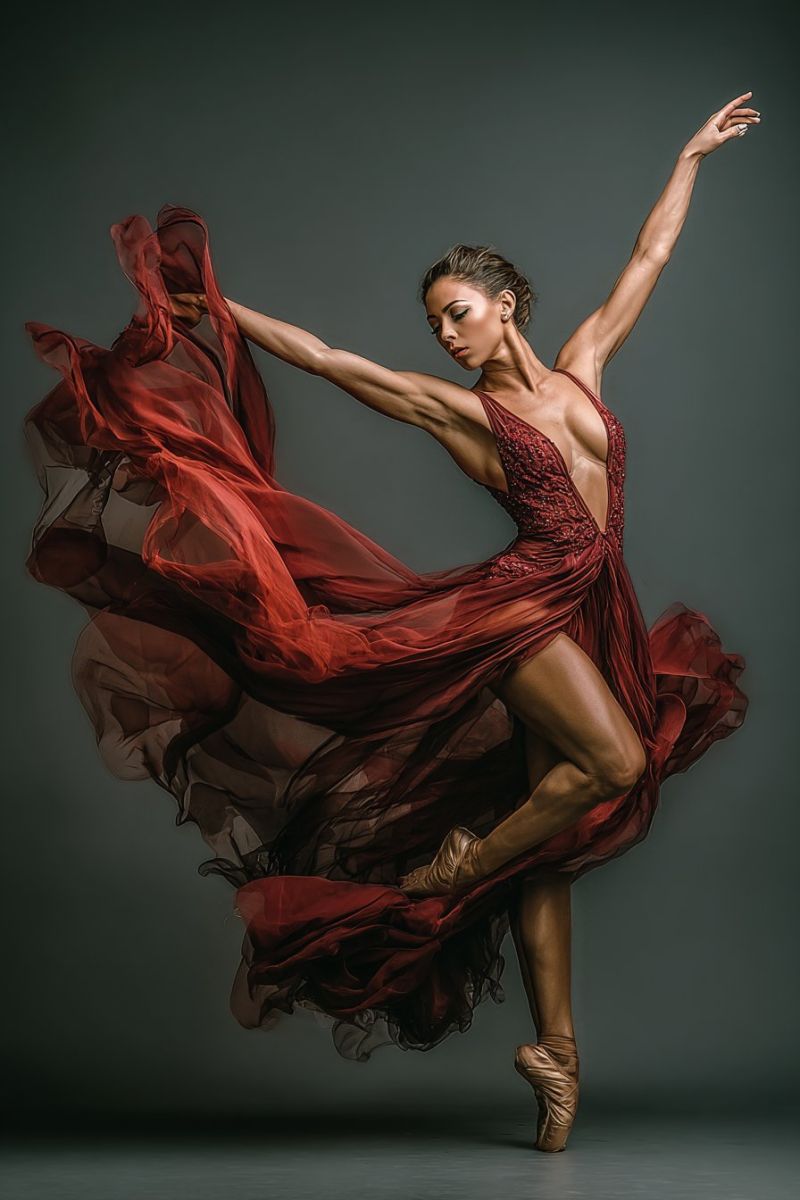 Ballet danseur performance grace expression emotion beaute flexibilite equilibre elegance choregraphie theatre costume eclairage Une femme est capturée en plein danse, son corps gracieusement cintré et ses bras étendus vers l'extérieur. Elle porte une robe rouge profonde et fluide qui flotte autour d'elle, créant un effet dramatique. Son visage est légèrement tourné sur le côté, les yeux fermés, et ses cheveux sont retenus en arrière. Elle porte des chaussures de ballet, et ses pieds sont levés du sol, l'un devant l'autre, comme si elle était au milieu d'une pirouette. Le fond est d'un gris foncé uniforme, qui contraste avec le rouge vif de sa robe et les tons clairs de sa peau.