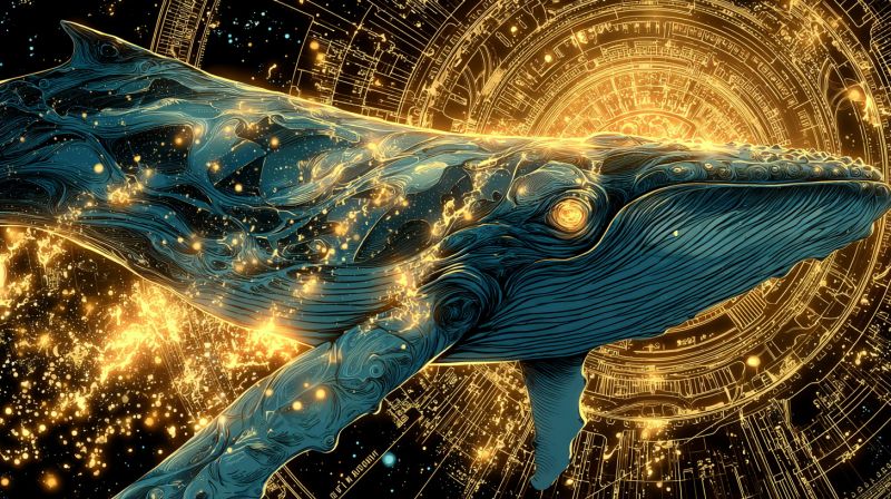 Whale aquatic ocean glow pattern geometric circle nature fantasy creature underwater bioluminescence aqua blue large, majestic whale swimming gracefully through a cosmic background. The whale's body is depicted in shades of deep blue and teal, with intricate patterns and textures that give it a lifelike appearance. Its eyes are glowing with a golden light, adding a mystical touch to the scene. The whale's mouth is open, revealing its baleen, and it appears to be in motion, as if it is diving or leaping through the water. The background is a vibrant mix of gold and blue, with a circular pattern that resembles a celestial body or a cosmic map. The overall effect is one of wonder and awe, as if the whale is a creature of both the natural and the supernatural worlds.