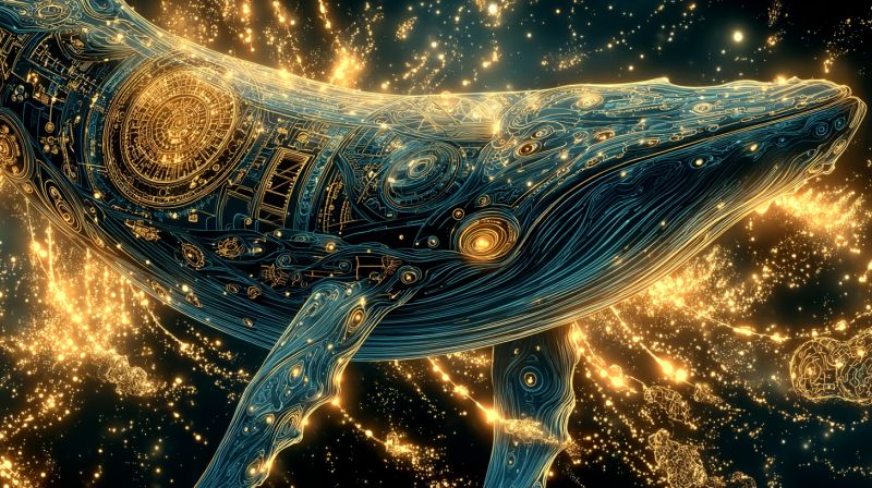 Baleine espace univers astronomie celeste cosmique galaxie etoile lueur nebuleuse design geometrique fantaisie imagination Une grande baleine stylisée flotte dans un espace sombre et étoilé. Le corps de la baleine est principalement bleu avec des motifs dorés complexes qui ressemblent à des engrenages, des circuits et des spirales, lui donnant une apparence mécanique, presque futuriste. La tête de la baleine est légèrement tournée vers la droite, et ses yeux brillent d'une douce lumière. Le fond est d'un bleu profond avec des étoiles dispersées et quelques orbes lumineux qui ajoutent à l'atmosphère mystique. Les nageoires et la queue de la baleine sont ornées de motifs dorés circulaires similaires, et le design global suggère un mélange d'éléments organiques et mécaniques.