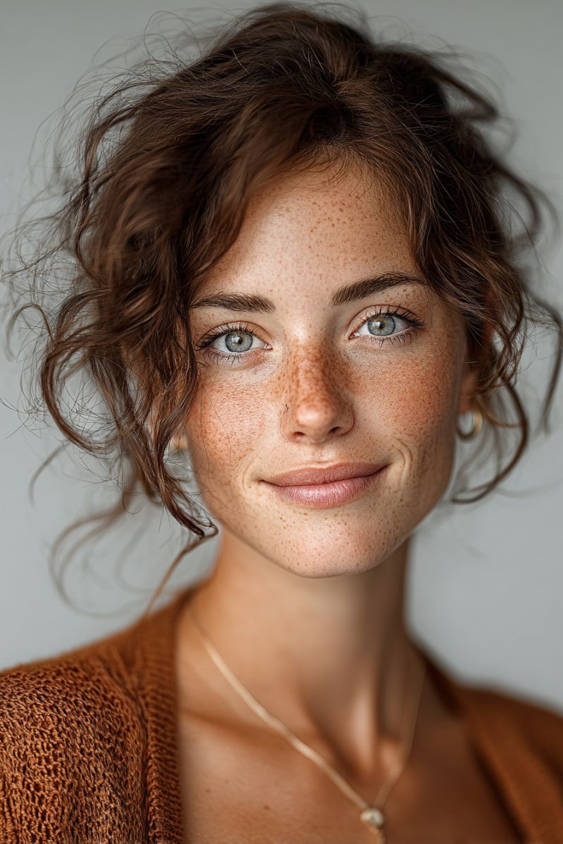 Woman smile freckles eye ear neck earring necklace jewelry fashion beauty skin makeup lighting A woman with curly brown hair and freckles is smiling and looking at the camera. She has light blue eyes and is wearing a brown cardigan with a necklace featuring a small pendant. Her hair is styled in loose curls, and she has a light makeup look. The background is a plain, light-colored wall.