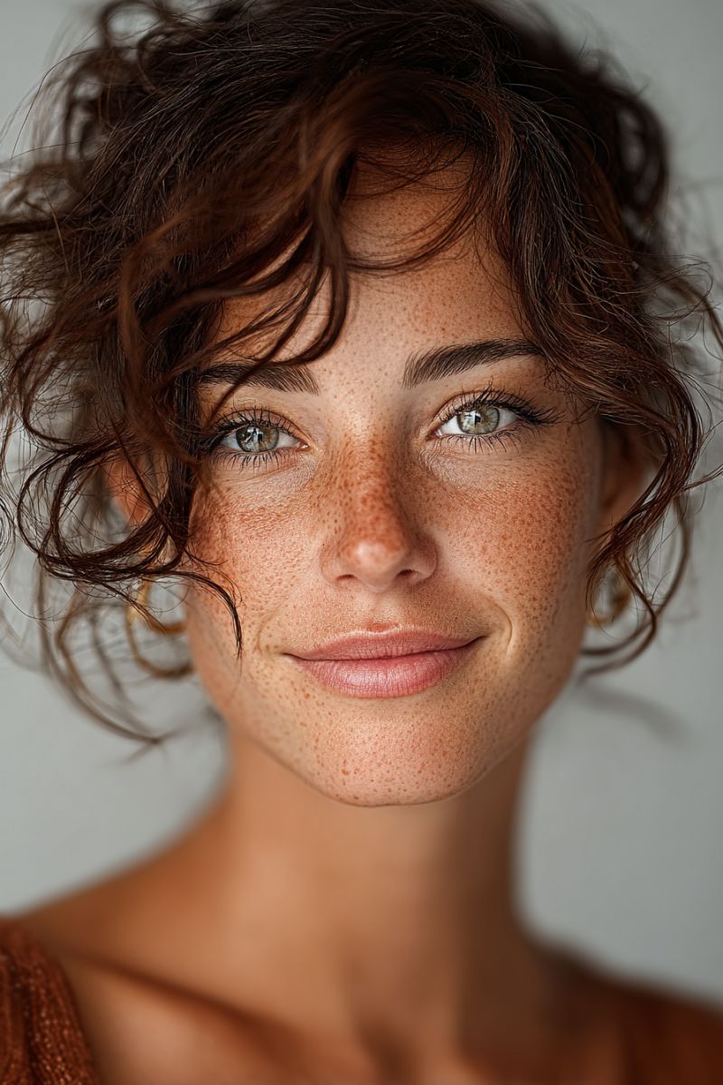 Femme sourire taches rousseur oeil oreille boucle joue peau eyeliner maquillage beaute Un portrait rapproché d'une femme aux cheveux bruns bouclés et aux taches de rousseur sur le visage. Elle a un sourire chaleureux et ses yeux sont légèrement plissés, peut-être à cause du soleil. Elle porte un débardeur et a un grain de beauté sur son épaule droite. L'arrière-plan est flou, et la lumière brille sur son visage, mettant en valeur ses taches de rousseur.