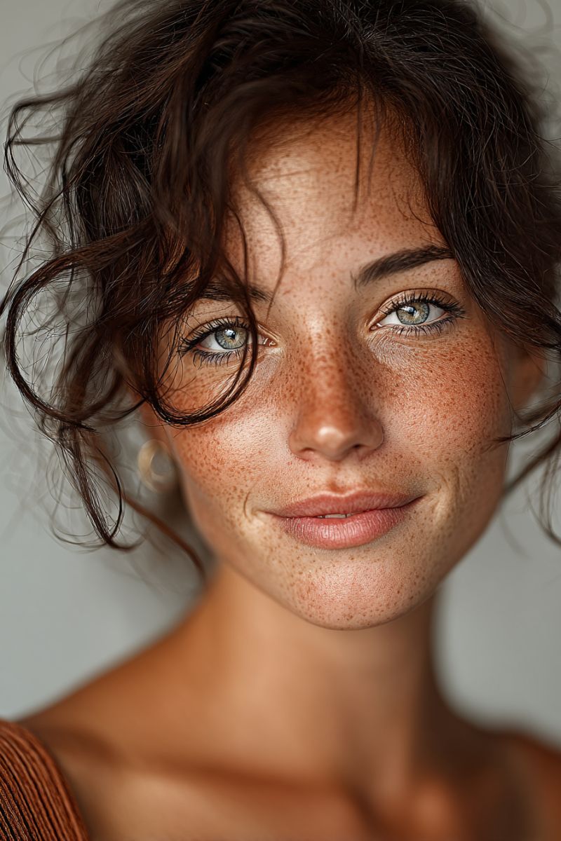 Woman smile freckles eye skin beauty natural skincare makeup fashion A close-up portrait of a woman with curly, dark brown hair that is slightly messy and has a natural, sun-kissed look. Her face is adorned with freckles, and she has warm, hazel eyes with long, dark eyelashes. She is smiling gently, revealing her teeth, and her skin has a healthy, sun-kissed glow. She is wearing a sleeveless top that appears to be made of a textured material, possibly linen or cotton. The background is a plain, light-colored wall, which helps to highlight her features.