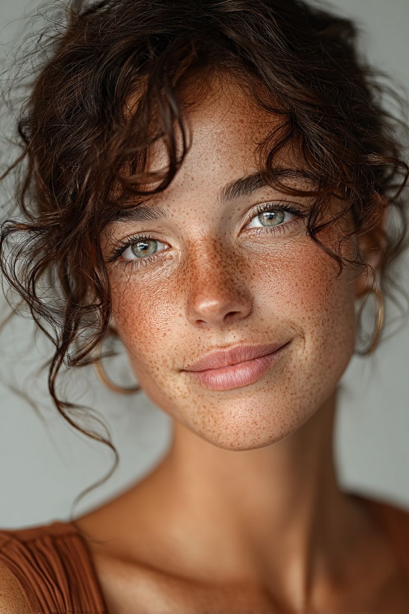 Femme sourire taches rousseur boucles oeil oreille boucle peau joue maquillage beaute Une femme aux cheveux bruns bouclés sourit et regarde directement la caméra. Elle a des taches de rousseur brun clair sur son visage, particulièrement visibles sur ses joues et son front. Ses yeux sont verts et en forme d'amande, avec une légère inclinaison vers le haut au niveau des coins extérieurs. Elle porte un débardeur brun. L'arrière-plan est simple et clair, probablement une pièce avec un éclairage neutre.