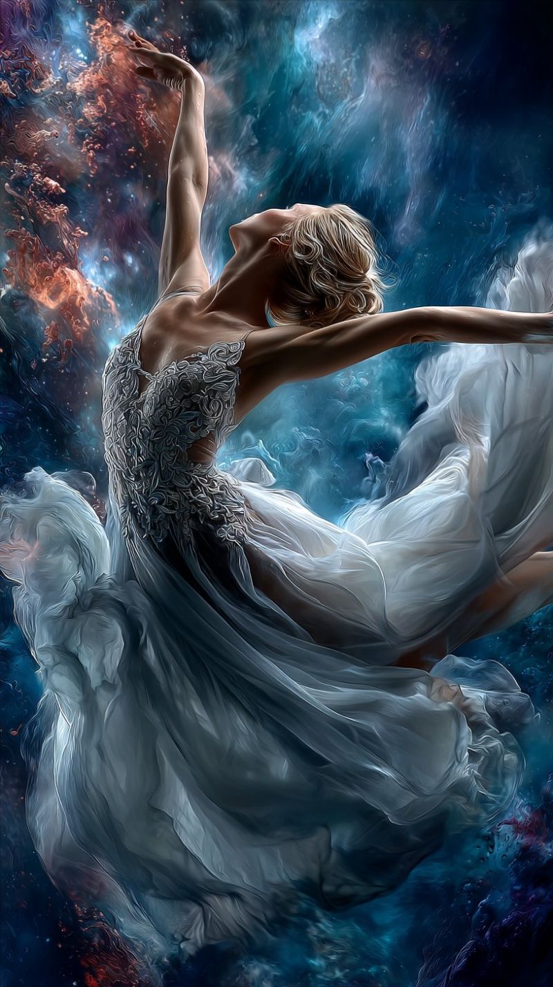 Ballet dancer performance grace movement expression emotion beauty fantasy imagination colorful shadow water liquid fluid motion A woman is gracefully dancing in mid-air, her body forming a perfect arch. She wears a flowing white dress with intricate lace details, and her hair cascades down her back. Her arms are extended outward, and her legs are slightly bent, creating a dynamic and elegant pose. The background is a vibrant mix of blue, purple, and orange hues, resembling a cosmic or underwater scene. The overall atmosphere is ethereal and dreamlike, capturing the essence of a ballet performance.