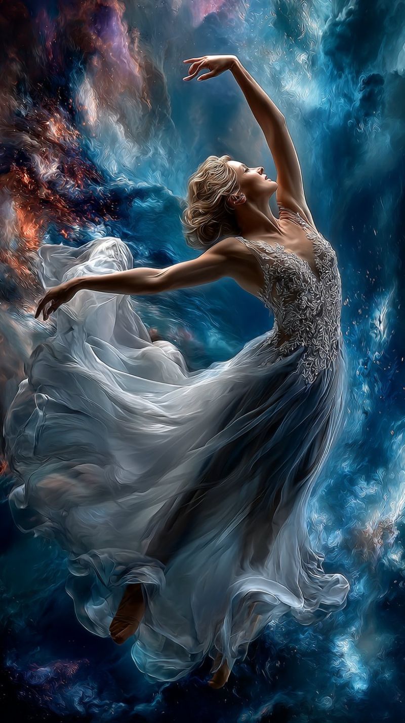 Ballet dancer performance grace movement expression emotion beauty fantasy imagination colorful shadow water waves motion creativity A woman with blonde hair is gracefully dancing in mid-air, her body slightly bent and her arms extended. She wears a flowing white dress with intricate designs, and her face is turned to the side, looking up. The background is a vibrant mix of blue, purple, and orange hues, creating a dynamic and ethereal atmosphere. The woman's dress and the background appear to be in motion, adding to the sense of fluidity and grace in the image.