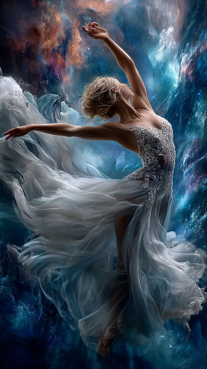 Ballet dancer dress elegant fantasy female grace graceful imagination inspiration inspirational motivation motivational quote quotes wallpaper A woman with blonde hair is dancing gracefully in mid-air, her body slightly bent and arms outstretched. She wears a flowing white dress with intricate lace details, and her hair flows freely. The background is a blend of blue and orange hues, resembling a cosmic or underwater scene, with swirling patterns that add to the ethereal atmosphere.