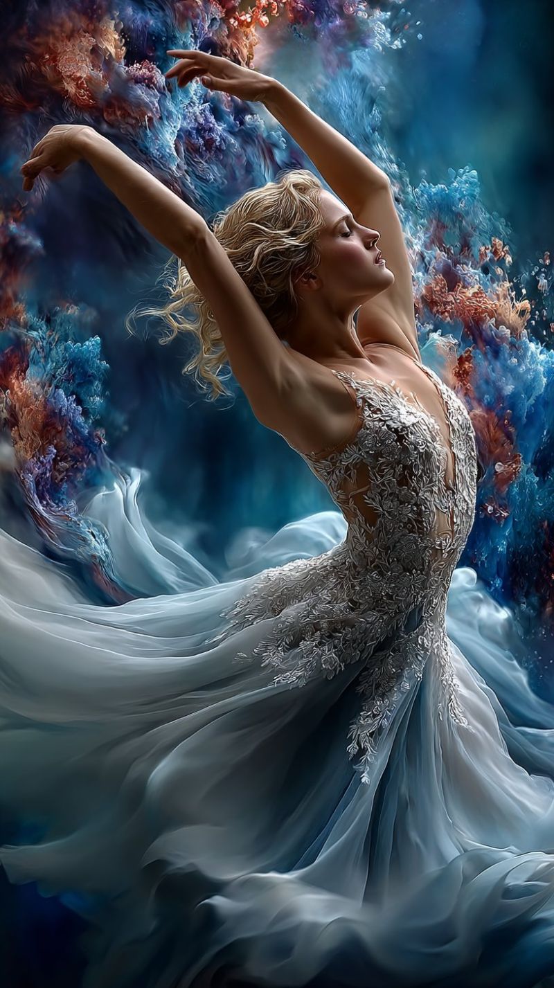 Ballet danseur robe performance grace beaute elegance creativite inspiration fantaisie imagination sous marin corail recif ocean Une femme aux cheveux blonds danse avec grâce dans une robe blanche fluide aux détails de dentelle complexes. Elle est en pose de ballet avec les bras étendus et la tête inclinée sur le côté. Le fond est un mélange vibrant de couleurs bleu, violet et orange, ressemblant à un récif corallien ou une scène sous-marine. La robe de la femme et le fond ont une qualité onirique et éthérée, créant une image captivante et artistique.