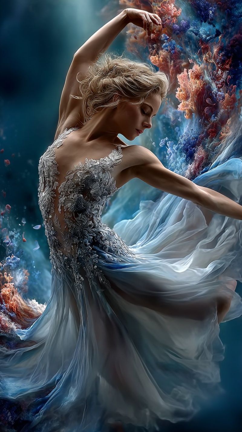 Ballet danseur robe elegant fantaisie floral fleurs grace gracieux main dentelle magie ocean performance recif mer sous marin Une femme aux cheveux blonds danse avec grâce sous l'eau, son corps et sa robe flottant avec les courants. Elle porte une robe blanche avec des motifs floraux complexes sur le dos et une jupe légère et fluide. Ses bras sont étendus et sa tête légèrement inclinée, les yeux fermés, comme perdue dans la beauté de son environnement sous-marin. L'arrière-plan est un mélange vibrant de récifs coralliens de diverses couleurs, dont l'orange, le rose et le bleu, avec des bulles et de petits poissons ajoutant à la scène animée.