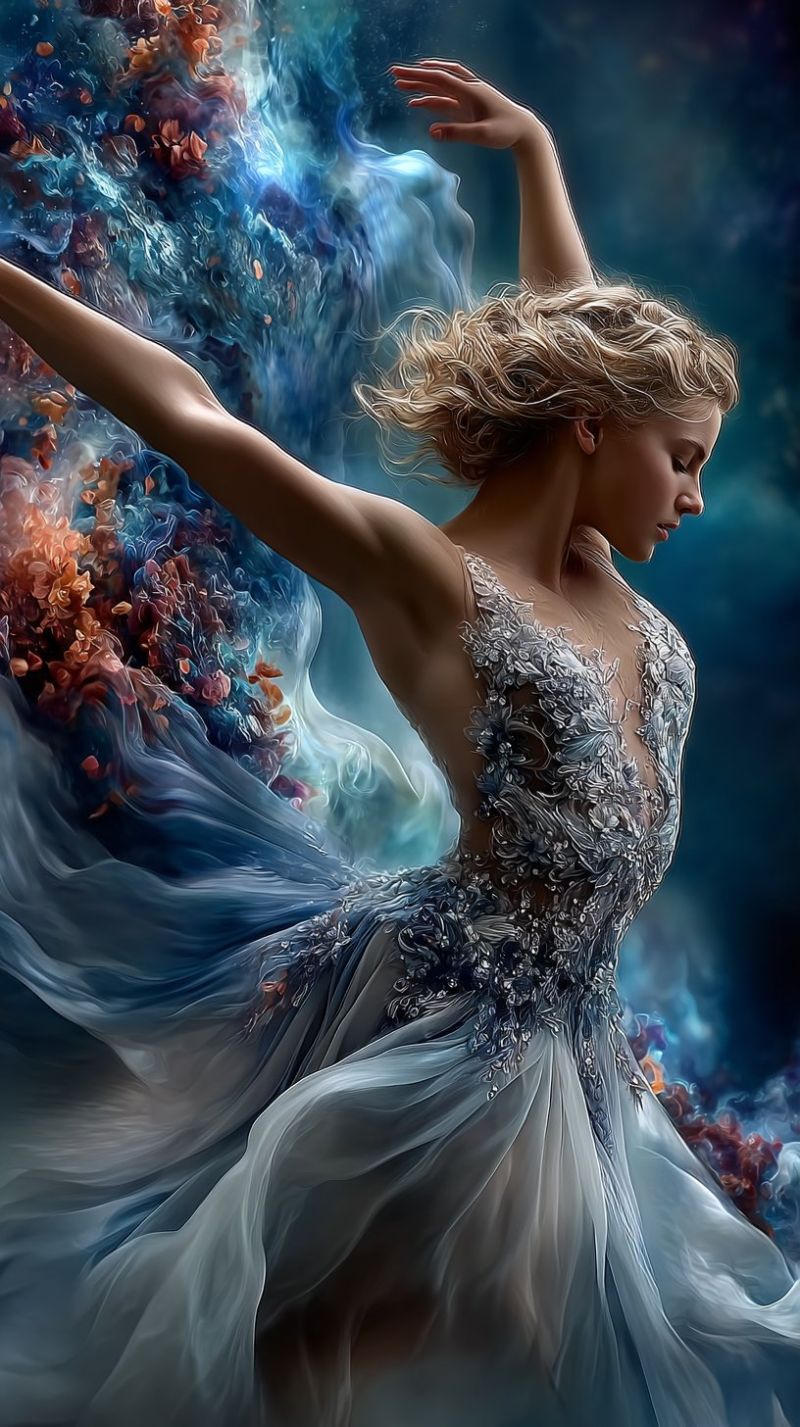 Ballet ballerina dress fantasy flowers girl grace hand magic movement performance princess swirl texture water A woman with blonde hair is dancing gracefully, her arms and legs spread wide. She wears a flowing, intricately designed dress with a deep neckline and floral patterns. The dress is adorned with silver and white embellishments. Her hair flows freely, and she gazes downward with her eyes closed. The background is a blend of blue and orange hues, with abstract shapes and textures that resemble a combination of water and coral reefs.