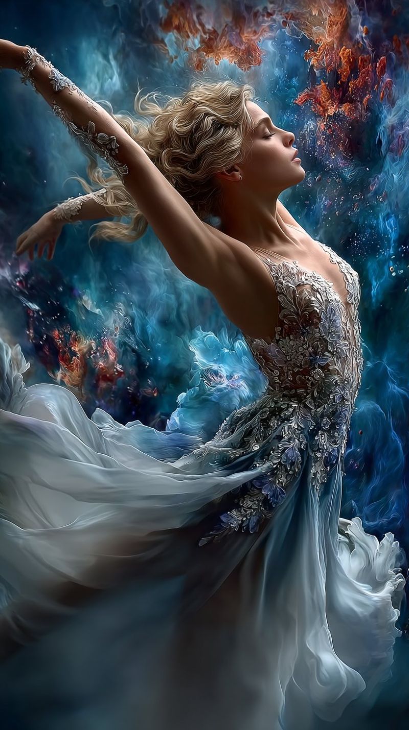Ballet dancer dress elegant fantasy female grace jewelry lace magic movement ocean performance princess water A woman with long blonde hair is dancing gracefully in a flowing white dress adorned with intricate silver floral patterns. She is in mid-motion, with her arms extended and her head tilted upward, her eyes closed. The dress has a high neckline and long sleeves, with delicate lace details. The background is a vibrant mix of blue, orange, and red hues, resembling a swirling, abstract ocean or fire. The overall scene is ethereal and dreamlike, capturing the essence of a ballet performance.