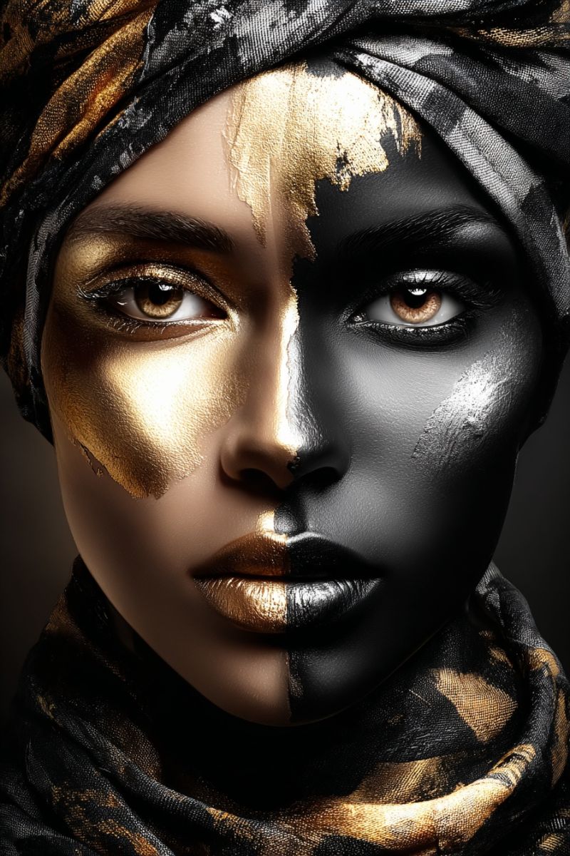 Femme beaute maquillage oeil levre echarpe tete bandeau accessoire bijouterie Un portrait en gros plan du visage d'une femme, divisé en deux moitiés. La moitié gauche de son visage est peinte en or, avec des accents dorés autour de ses yeux, de son nez et de ses lèvres. La moitié droite de son visage est peinte en noir, avec des accents noirs autour de ses yeux, de son nez et de ses lèvres. Elle porte un foulard noir et doré qui couvre ses cheveux et une partie de ses épaules. L'éclairage est dramatique, mettant en évidence le contraste entre les moitiés dorée et noire de son visage.