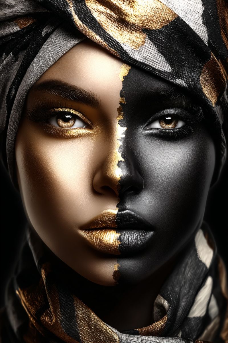Femme beaute maquillage oeil levre accessoire bijou echarpe bandeau couvre chef texture Un portrait rapproché d'une femme avec son visage divisé en deux moitiés. La moitié gauche de son visage est peinte dans une teinte chaude et dorée, avec un fard à paupières doré, un eyeliner et un rouge à lèvres. La moitié droite de son visage est peinte dans une couleur noire profonde, avec un fard à paupières noir, un eyeliner et un rouge à lèvres. Elle porte un foulard à motifs or et noir autour de son cou. Le fond est sombre, et l'éclairage est concentré sur son visage.