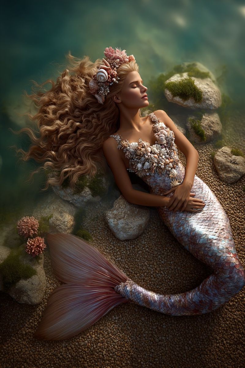 Mermaid fantasy underwater sea ocean seashells jewelry rocks coral seaweed seascape aquatic creature mythology legend water A mermaid lies on the seabed, her long, wavy blonde hair cascading around her. She wears a dress made of seashells and pearls, with a shell crown on her head. Her tail is a mix of pink and silver scales, and she rests her hands on her stomach. The seabed is covered with rocks and small plants, and the water above is clear and greenish.