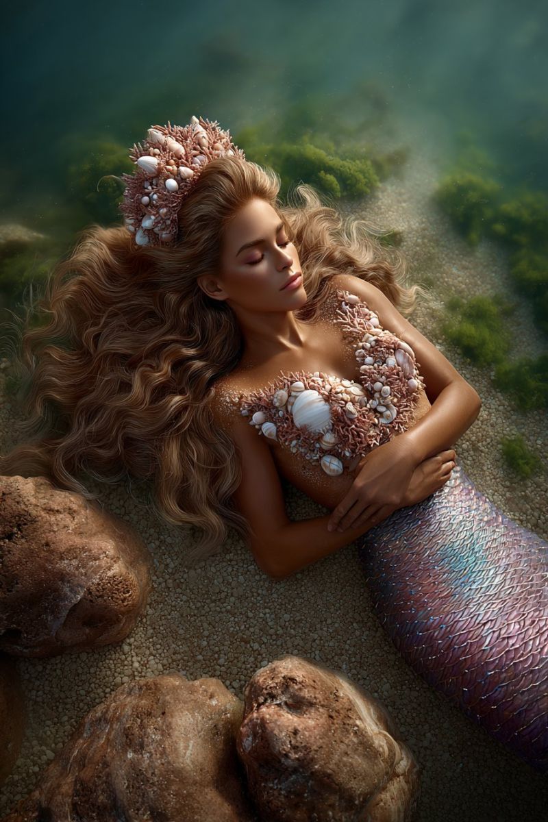 Sirene sous marin fantaisie mer ocean coquillages corail bijoux collier Une femme repose sur le fond de l'océan, ses longs cheveux blonds ondulés flottant autour d'elle. Elle porte une queue de sirène qui scintille avec des nuances de violet et de bleu. Son haut du corps est orné d'un collier fait de coquillages, et sa tête est couronnée d'un diadème de corail et de coquillages. Elle repose ses bras sur le sol, les yeux fermés, et son visage est serein. Le fond de l'océan est couvert de petits rochers et de touffes d'algues vertes.